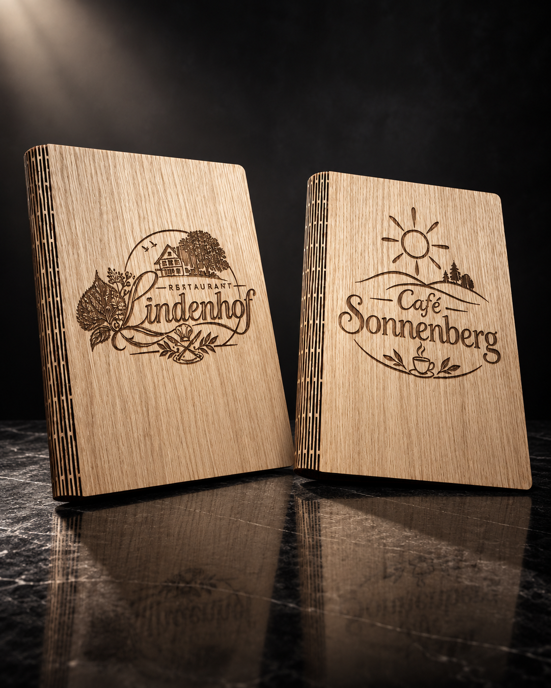Holzspeisekarte aus Buche mit dauerhafter Lasergravur für Restaurants